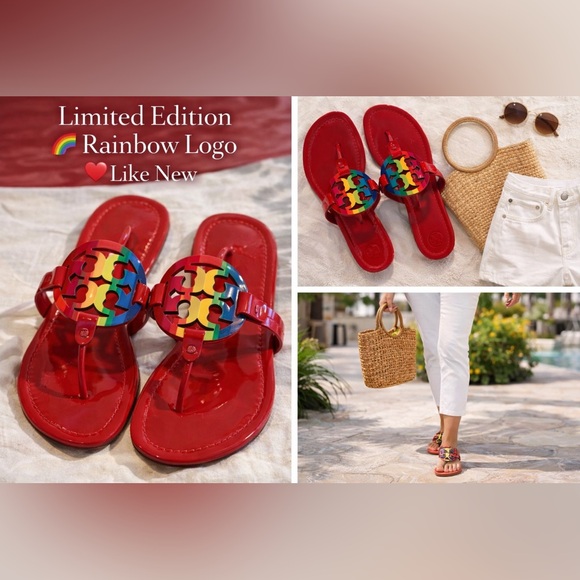 Tory Burch Shoes - Tory Burch Miller Sandals Rainbow Logo Ruby Red Size 7.5 Limited Edition